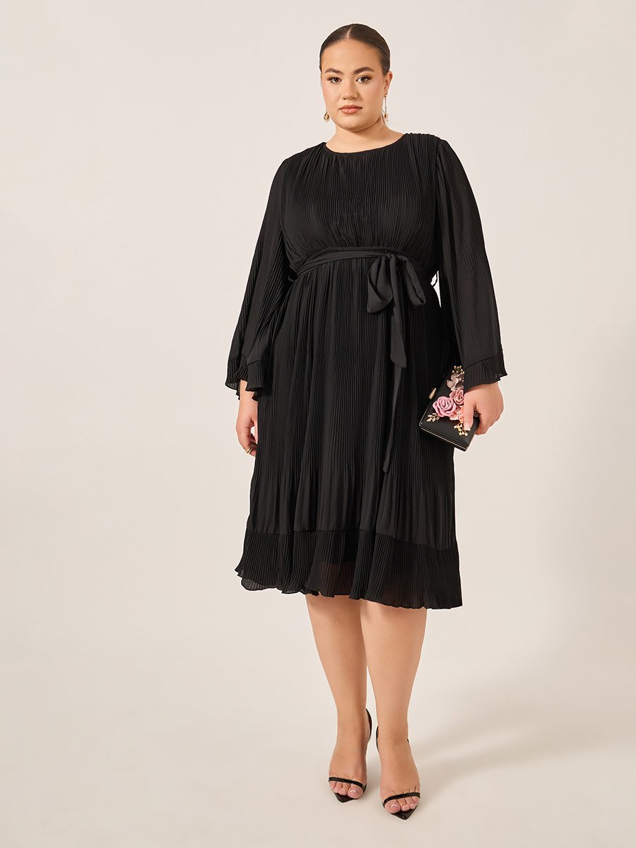 Plus Size Pleated Tie-Waist A-Line Midi Dress