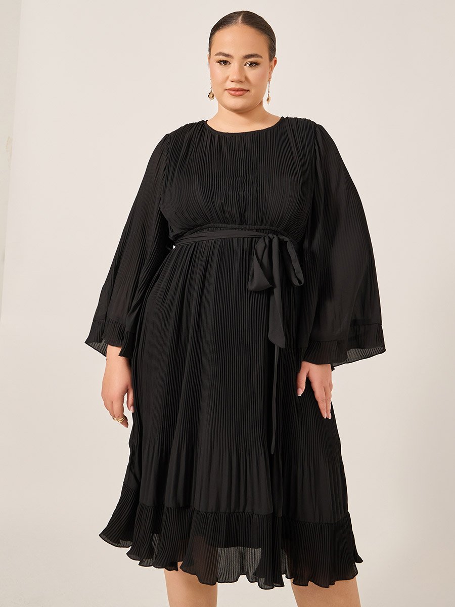 Plus Size Pleated Tie-Waist A-Line Midi Dress