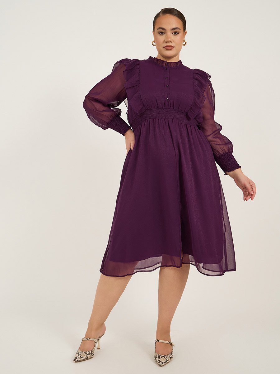 Plus Size Dobby Ruffle Detail Midi Dress