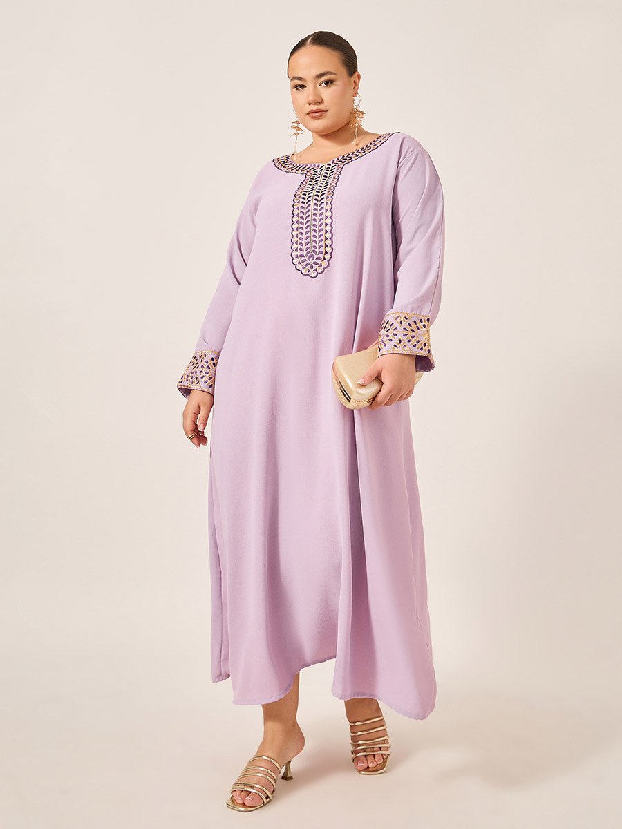 Plus Size Embroidered Round Neck Jalabiya