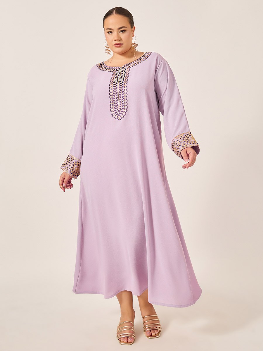 Plus Size Embroidered Round Neck Jalabiya