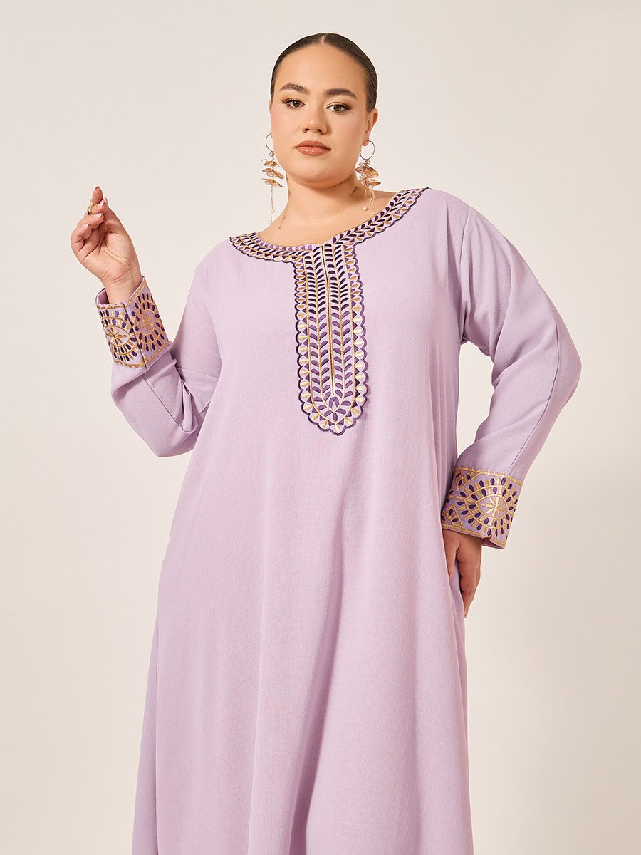 Plus Size Embroidered Round Neck Jalabiya
