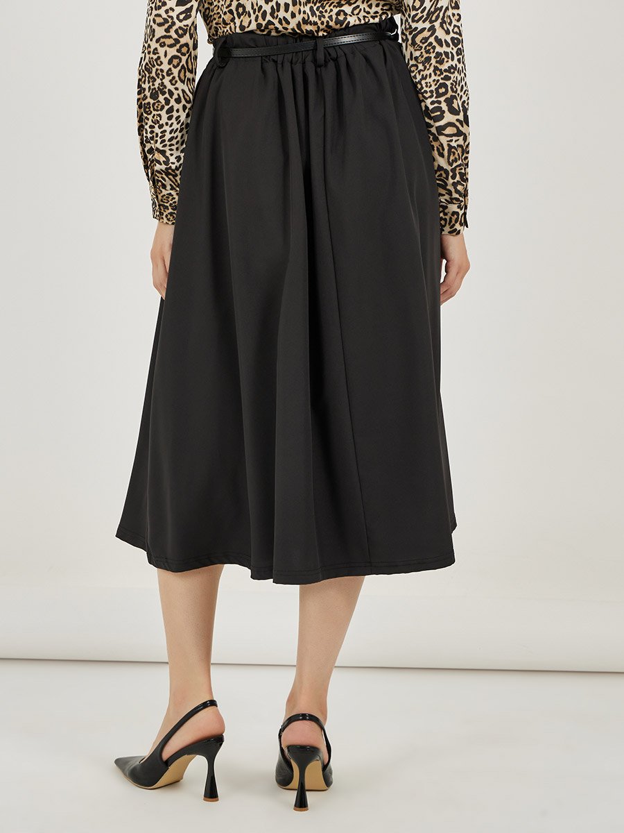 High Rise Gathered Midi Skirt with Belt
