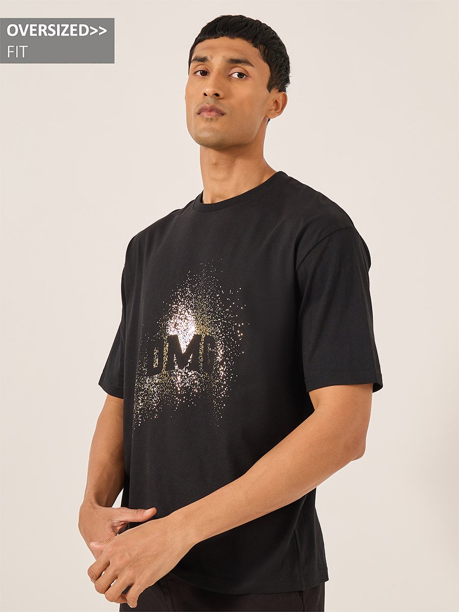Text Foil Print Crew Neck Oversized T-Shirt
