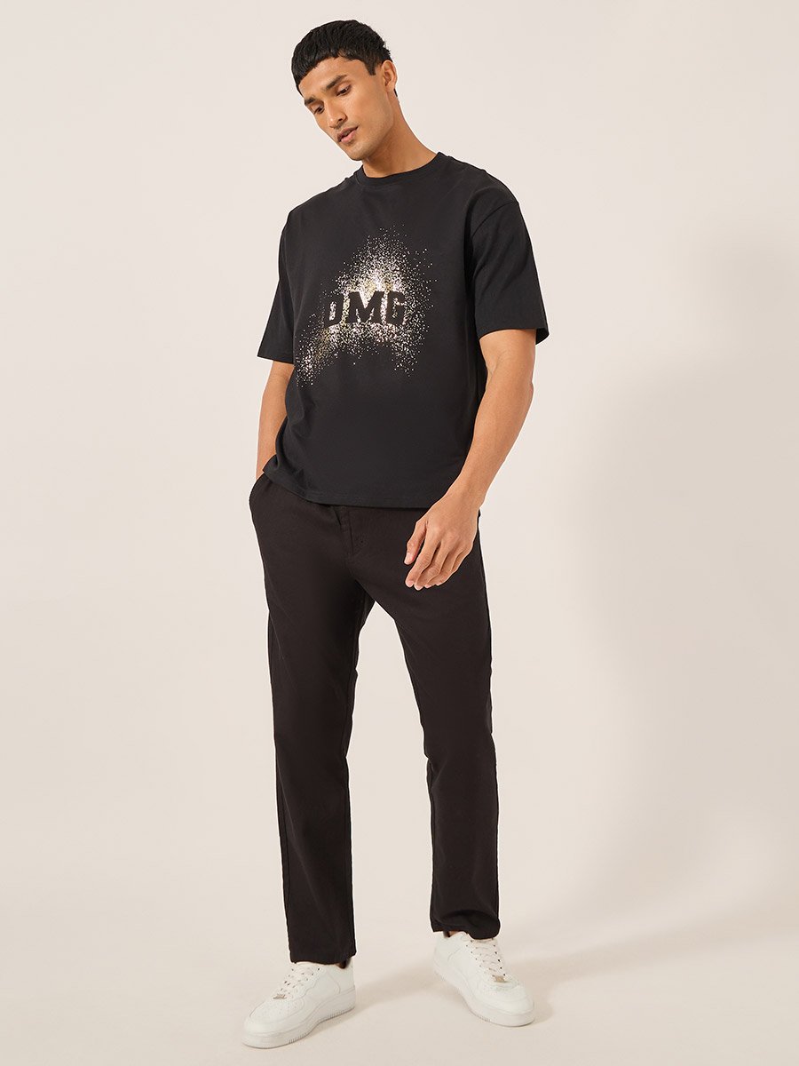 Text Foil Print Crew Neck Oversized T-Shirt
