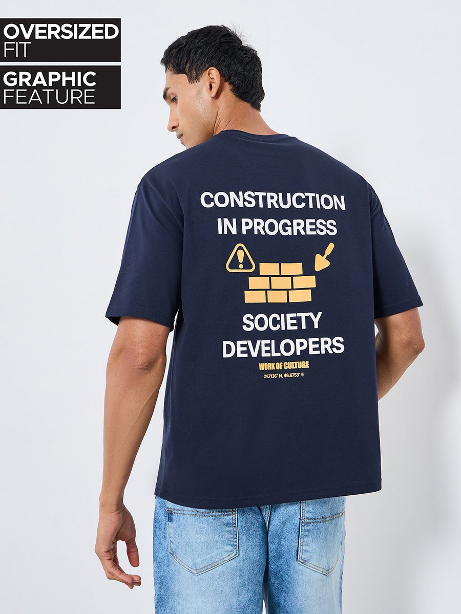 Men Navy Blue Graphic Print Oversized T-Shirt