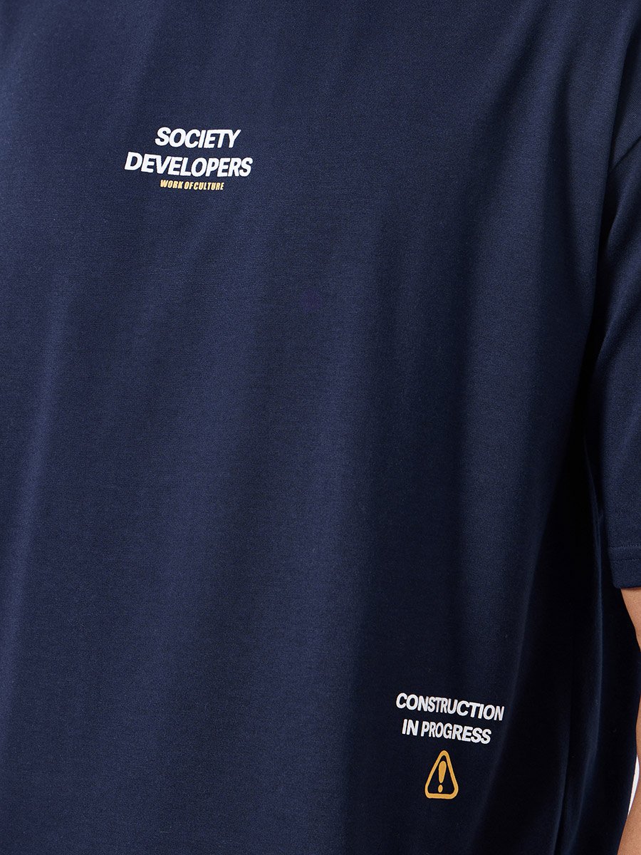 Men Navy Blue Graphic Print Oversized T-Shirt