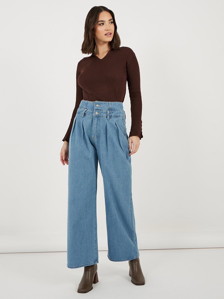 High Rise Double Waistband Pleated Wide Leg Jeans