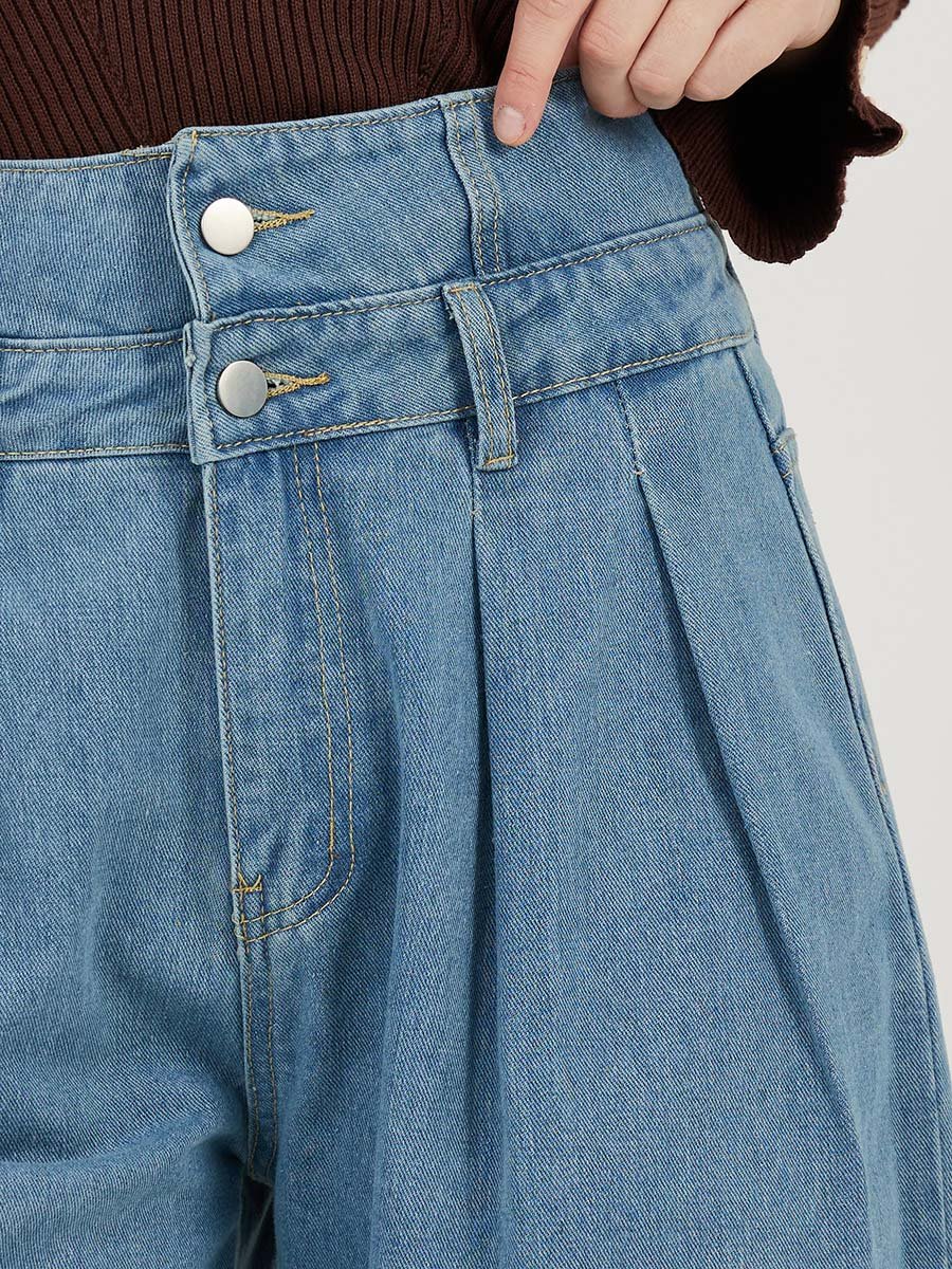 High Rise Double Waistband Pleated Wide Leg Jeans