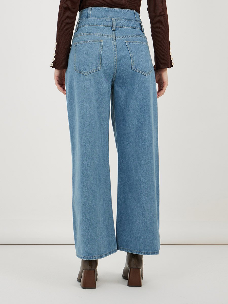 High Rise Double Waistband Pleated Wide Leg Jeans