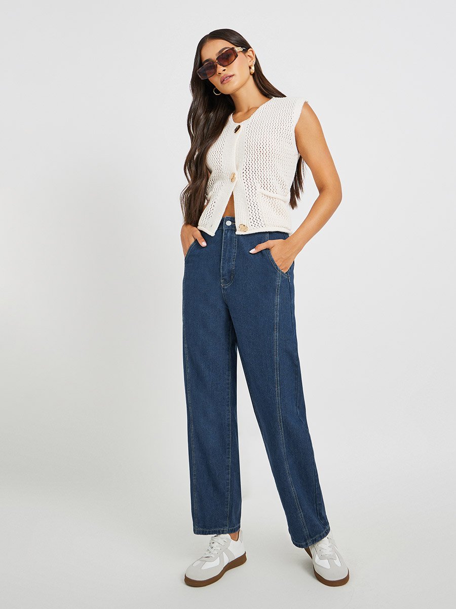 Mid Rise Cut and Sew Detail Barrel Fit Jeans with Wide Belt Loops