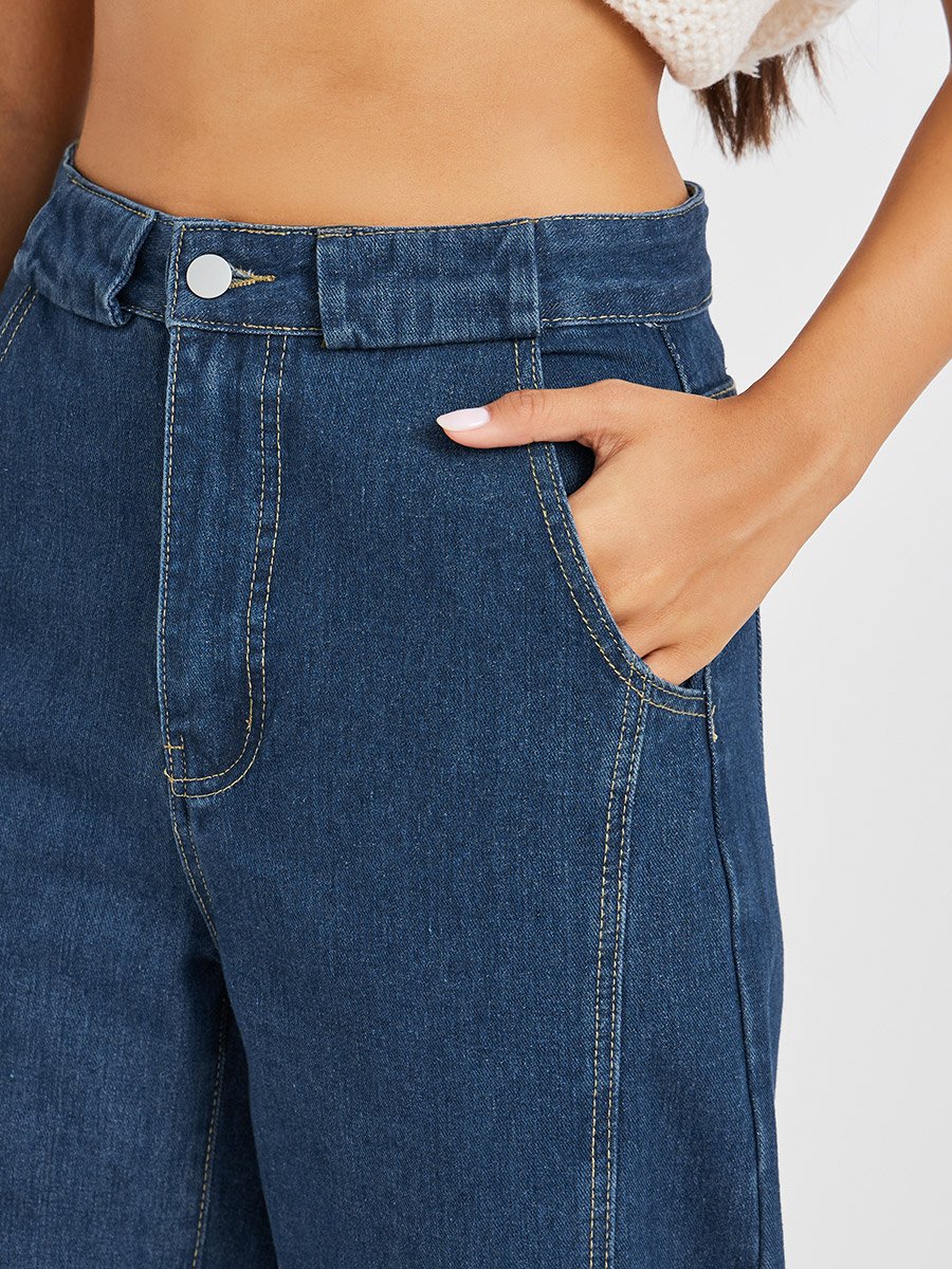 Mid Rise Cut and Sew Detail Barrel Fit Jeans with Wide Belt Loops