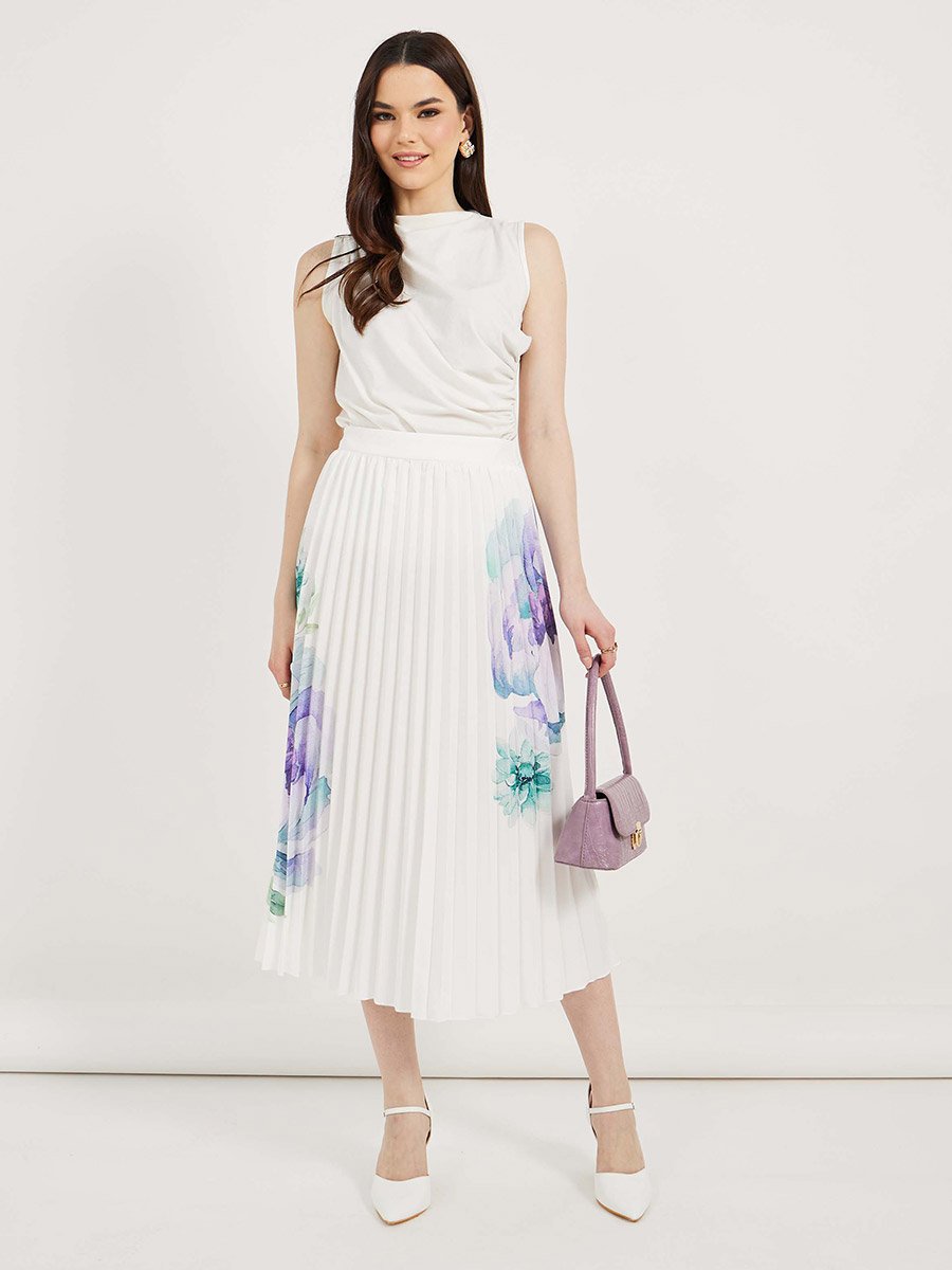White Floral Print Pleated Midi Skirt