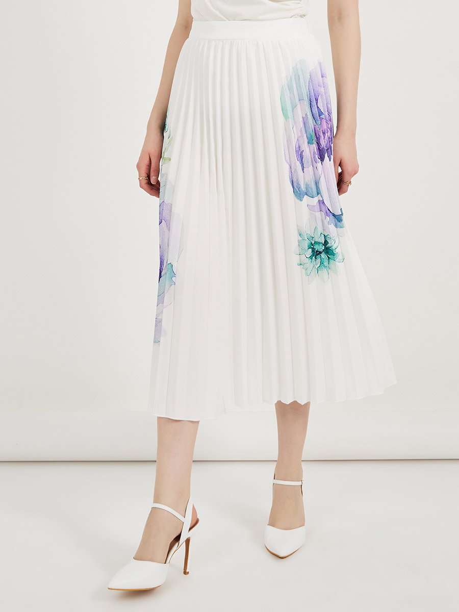 White Floral Print Pleated Midi Skirt
