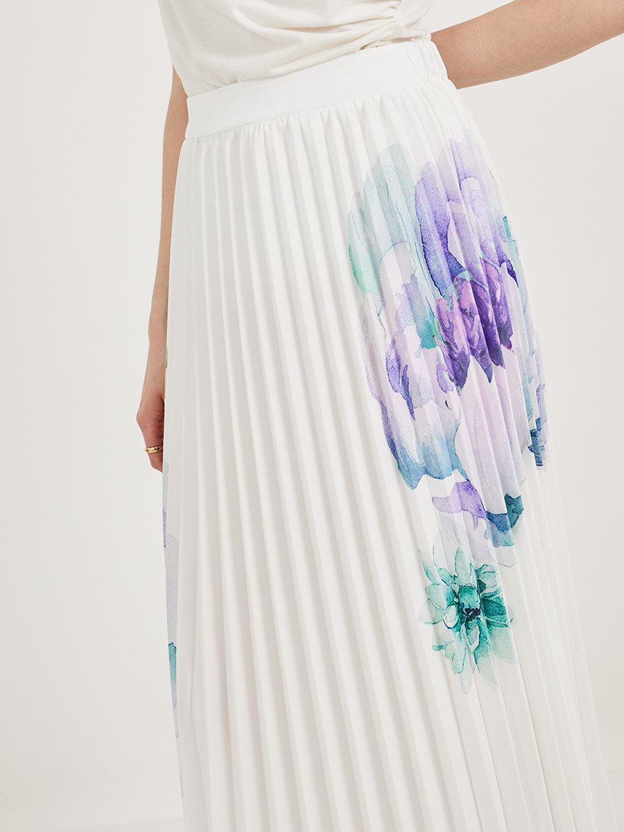 White Floral Print Pleated Midi Skirt