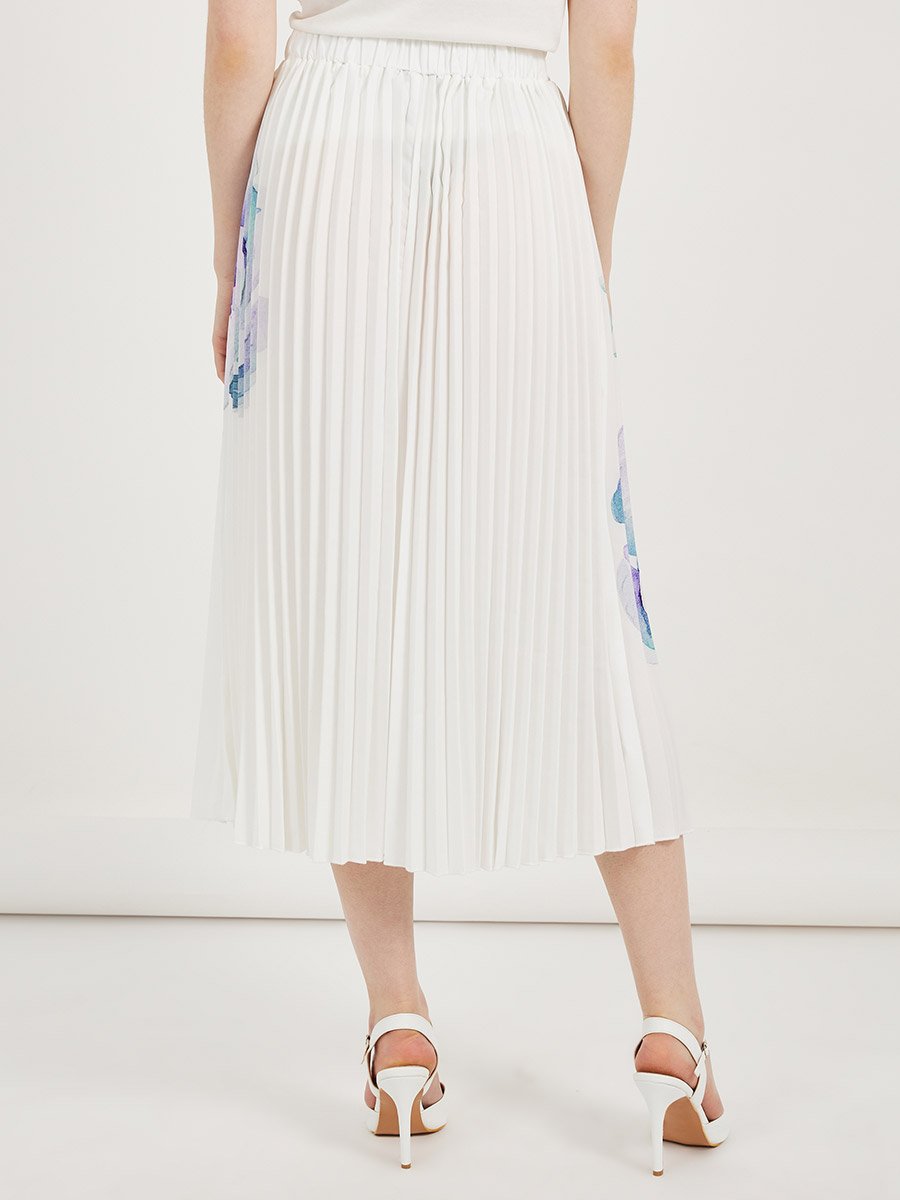 White Floral Print Pleated Midi Skirt