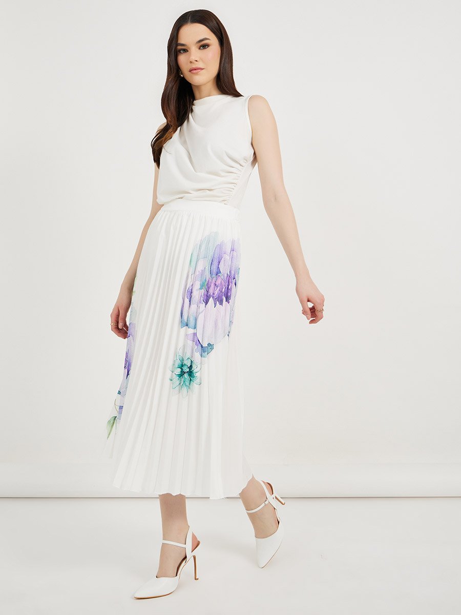 White Floral Print Pleated Midi Skirt