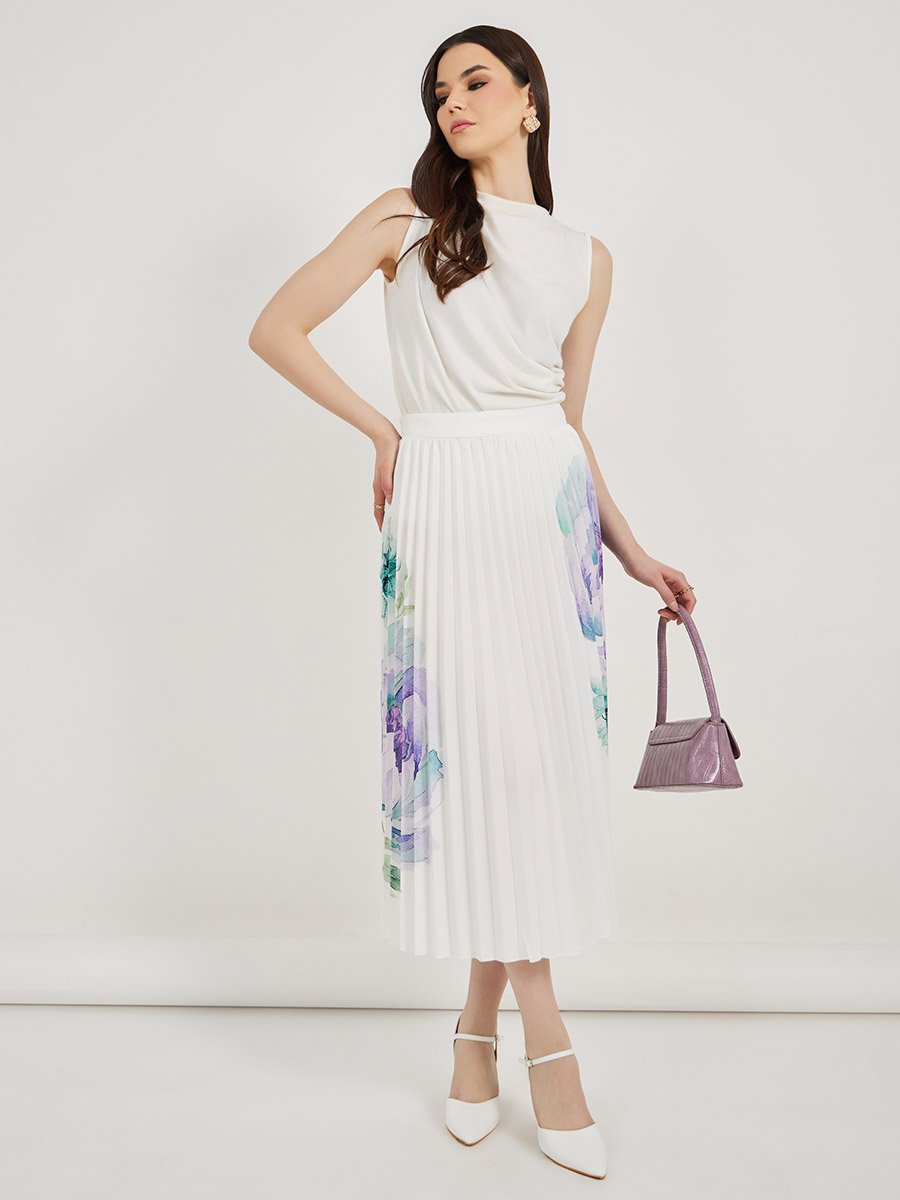 White Floral Print Pleated Midi Skirt