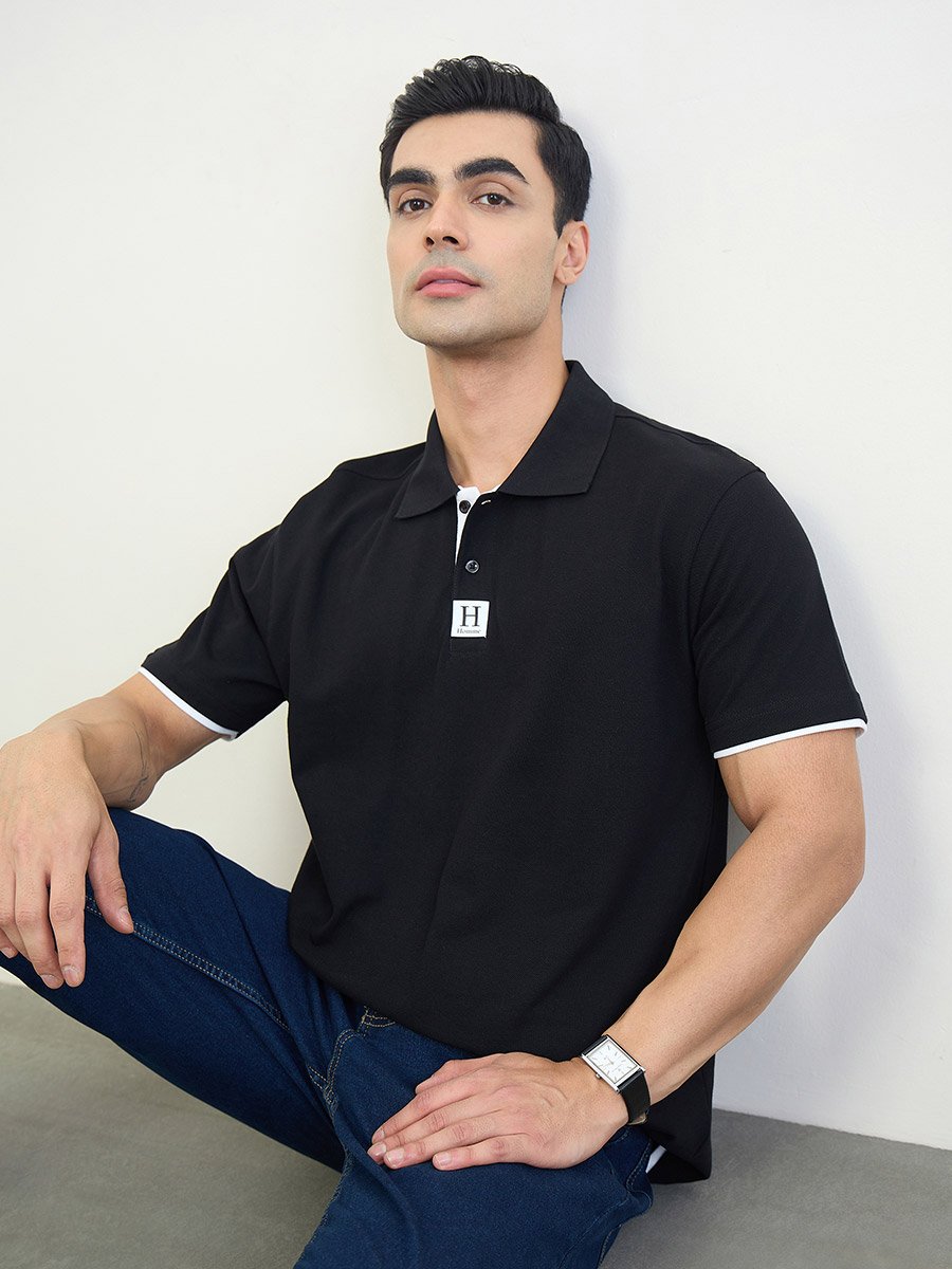 Minimal Print Relaxed Fit Polo T-Shirt with Contrast Placket