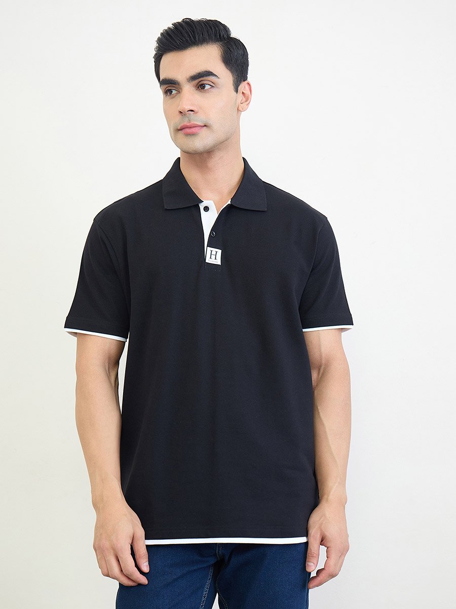 Minimal Print Relaxed Fit Polo T-Shirt with Contrast Placket