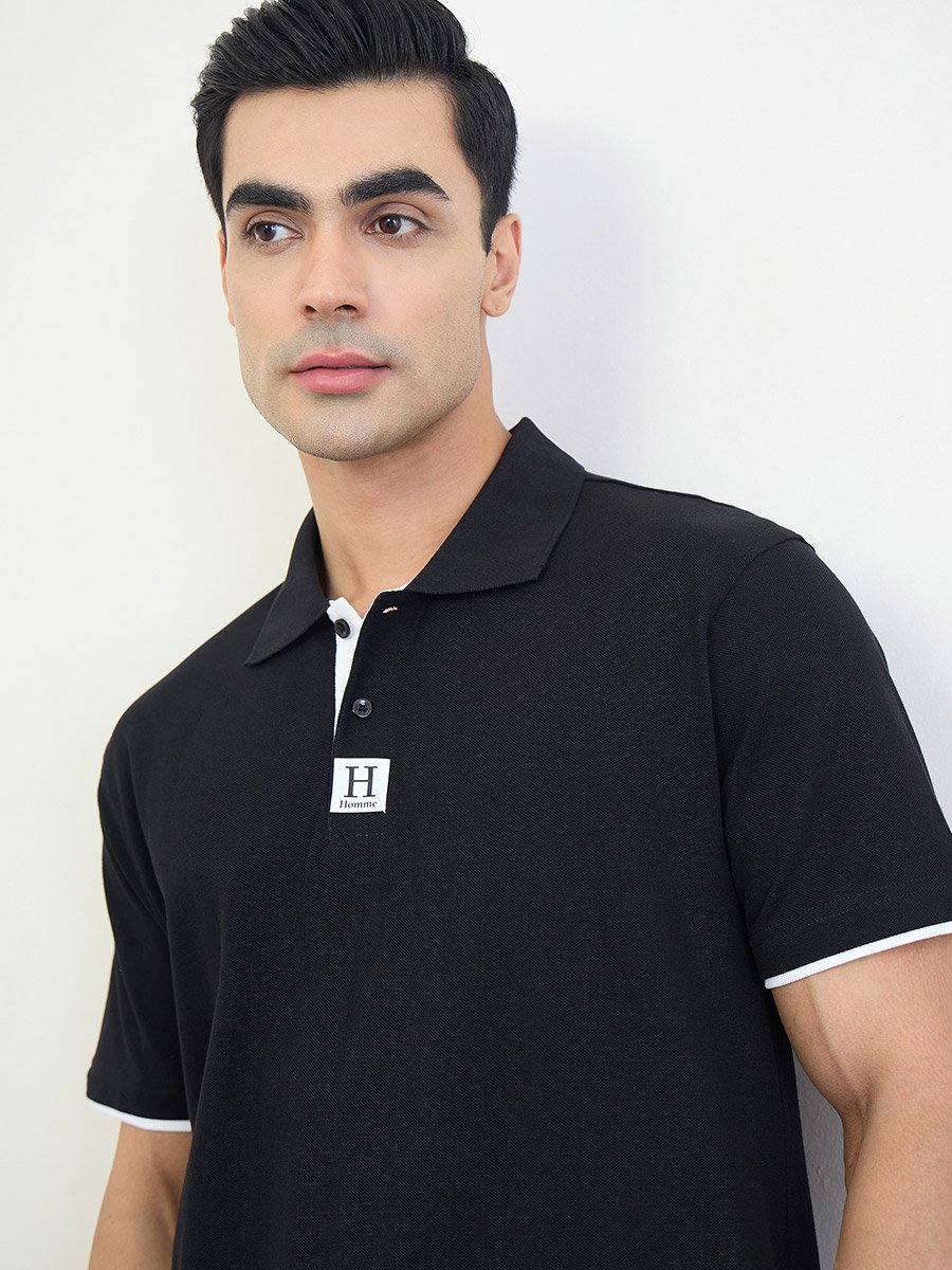Minimal Print Relaxed Fit Polo T-Shirt with Contrast Placket