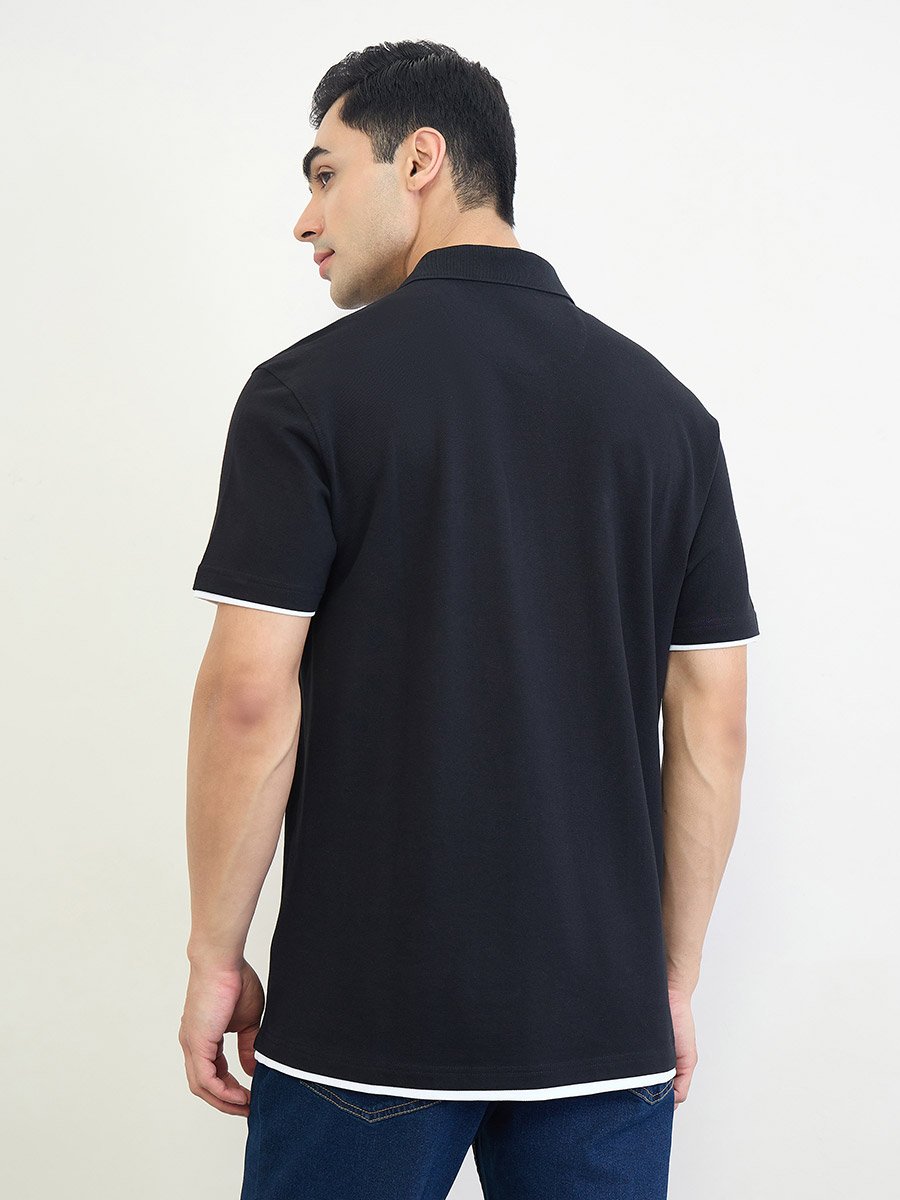 Minimal Print Relaxed Fit Polo T-Shirt with Contrast Placket