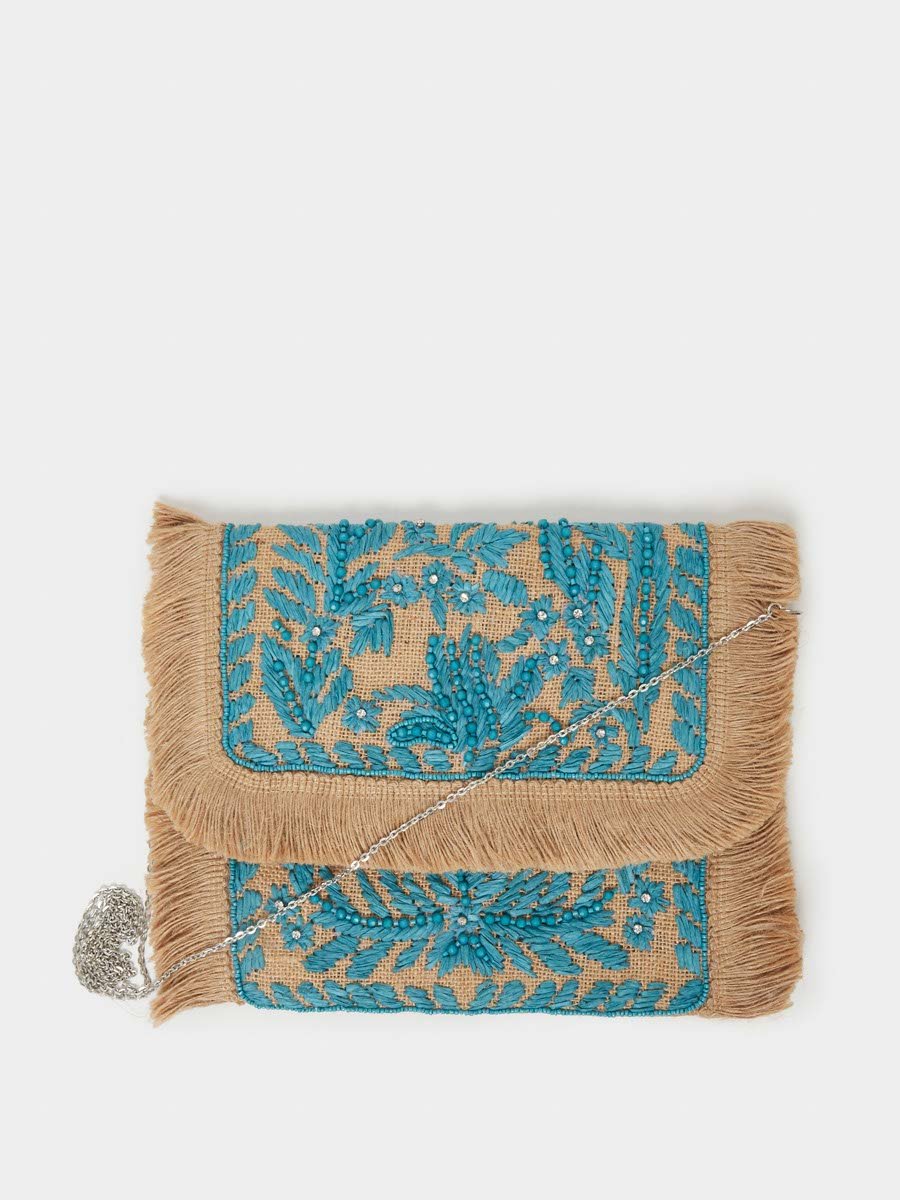 Embroidered Clutch with Fringe Detail