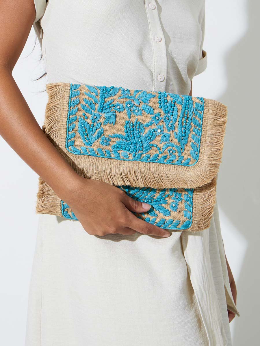 Embroidered Clutch with Fringe Detail