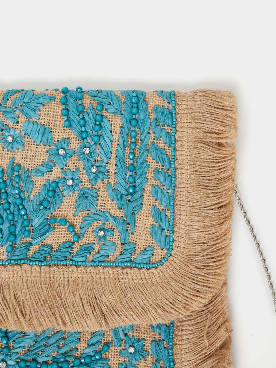 Embroidered Clutch with Fringe Detail