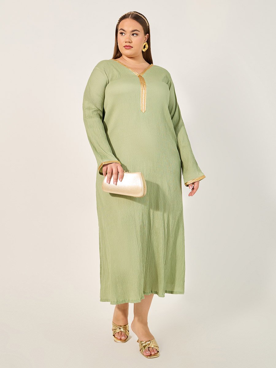 Plus Size Textured V-Neck A-Line Jalabyia