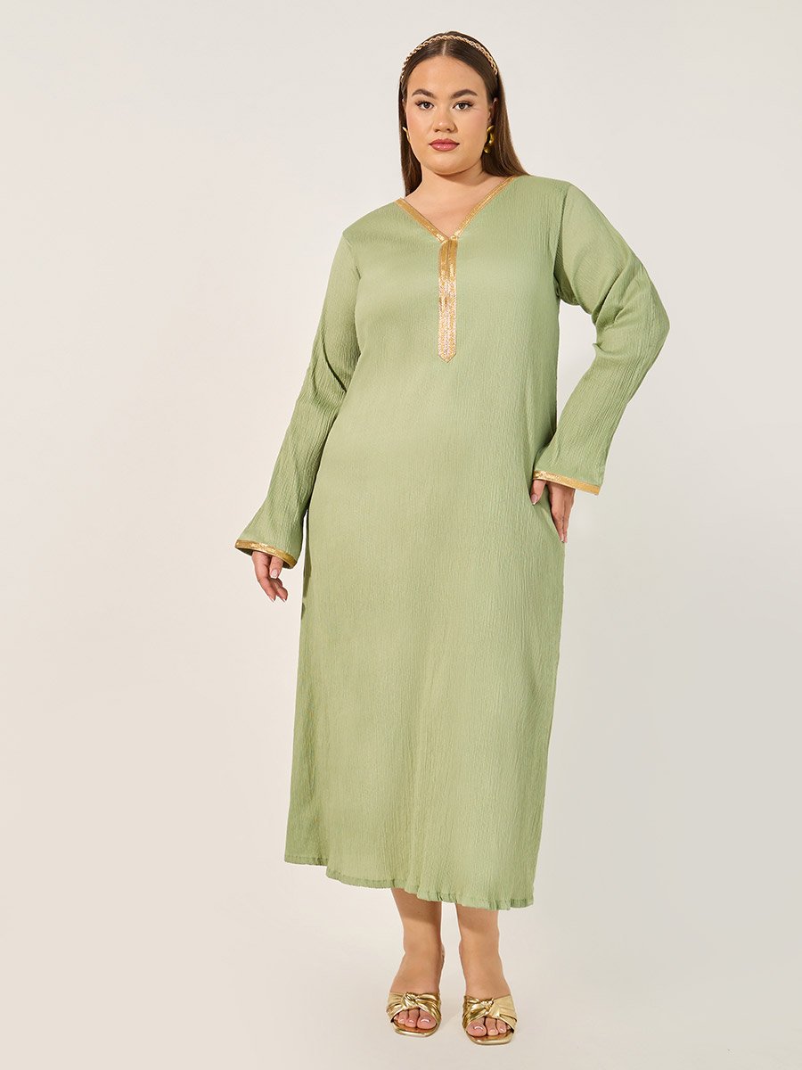 Plus Size Textured V-Neck A-Line Jalabyia