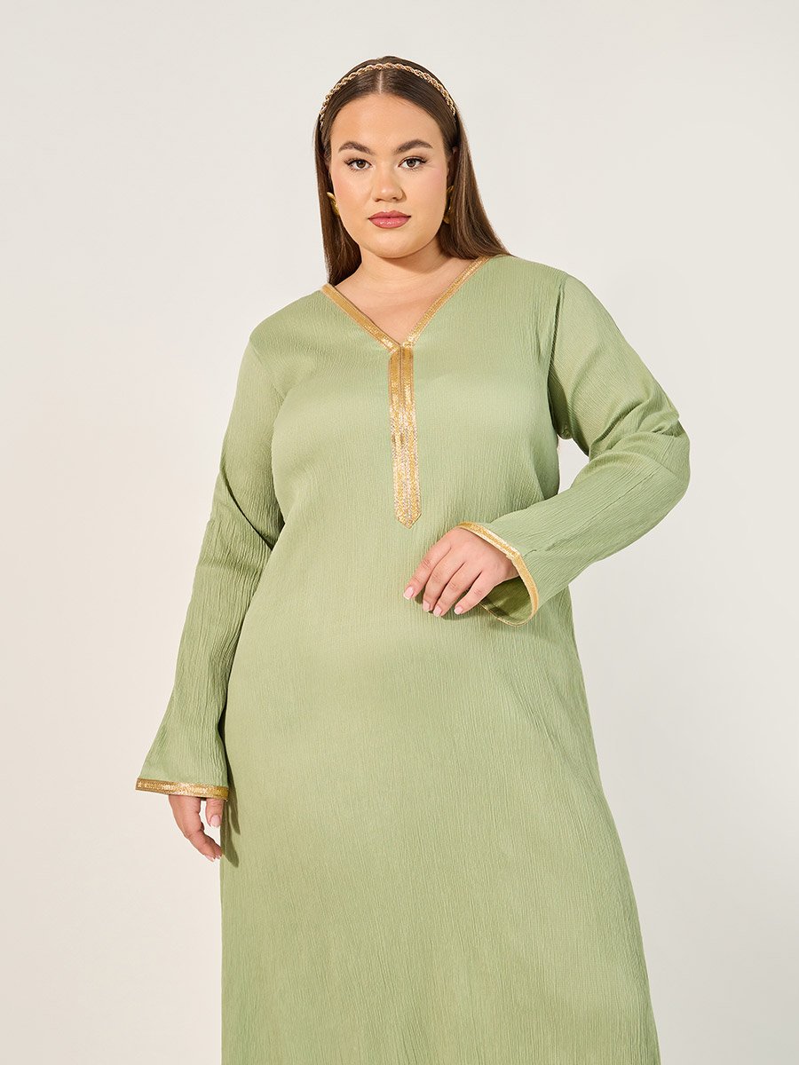 Plus Size Textured V-Neck A-Line Jalabyia