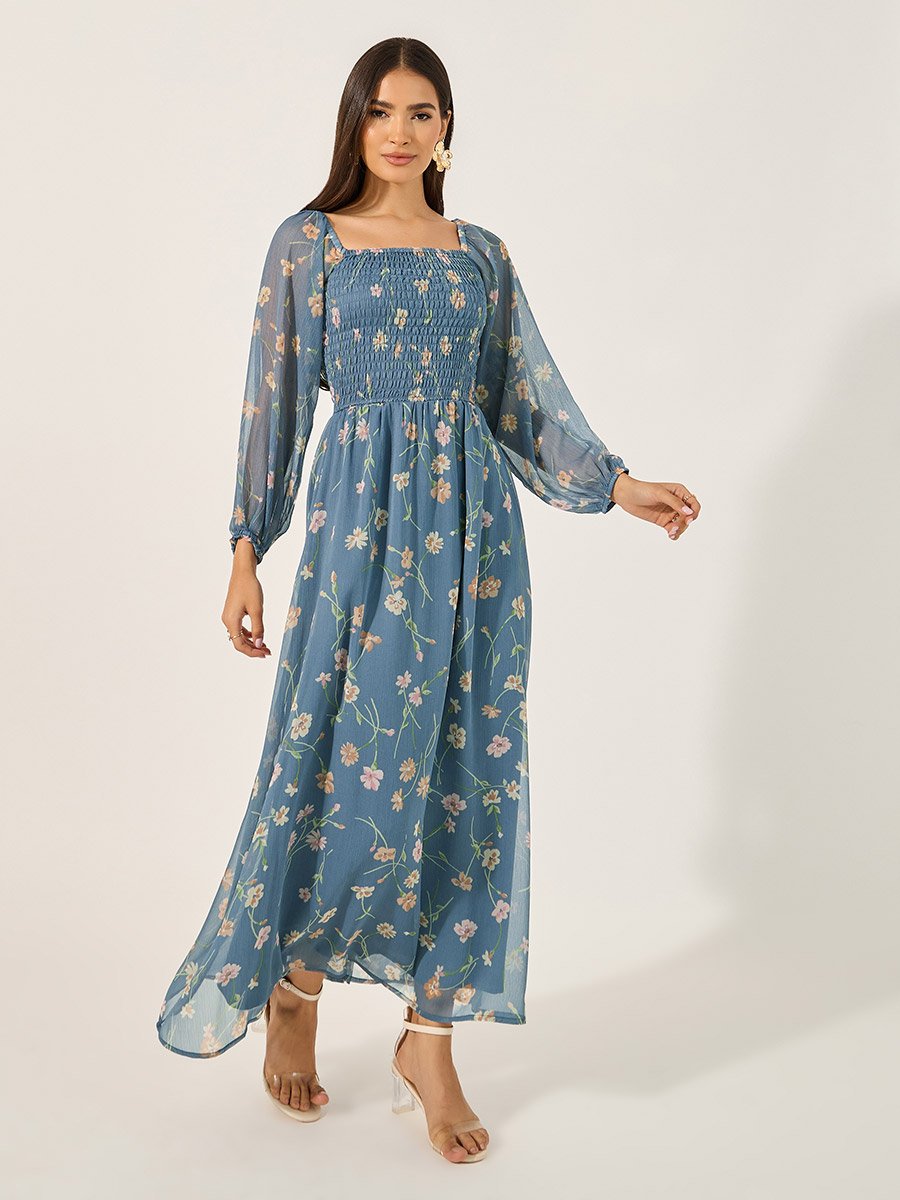 Floral Print Balloon Sleeves A-Line Maxi Dress