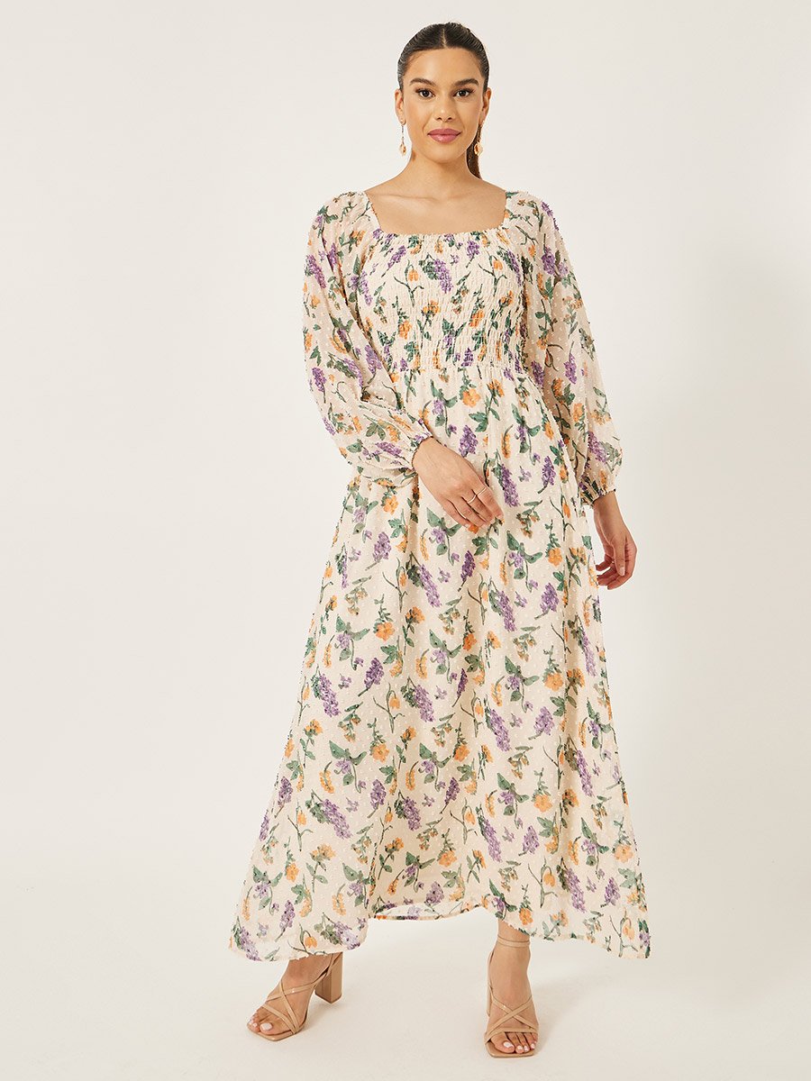 Floral Print Balloon Sleeves A-Line Maxi Dress