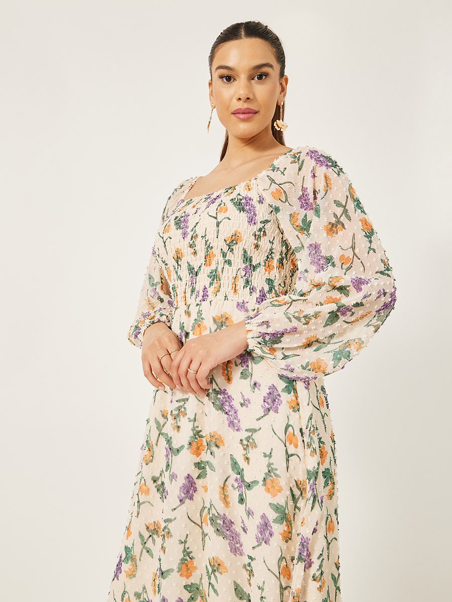 Floral Print Balloon Sleeves A-Line Maxi Dress