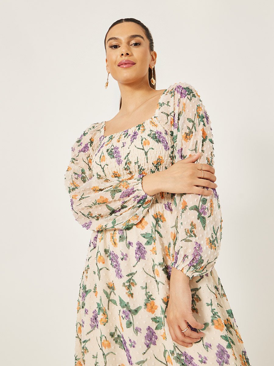 Floral Print Balloon Sleeves A-Line Maxi Dress