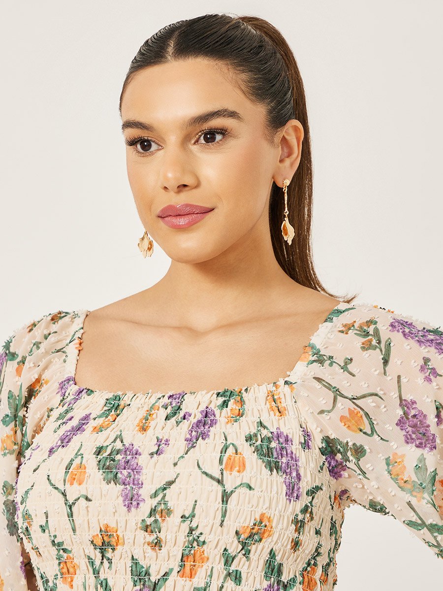 Floral Print Balloon Sleeves A-Line Maxi Dress