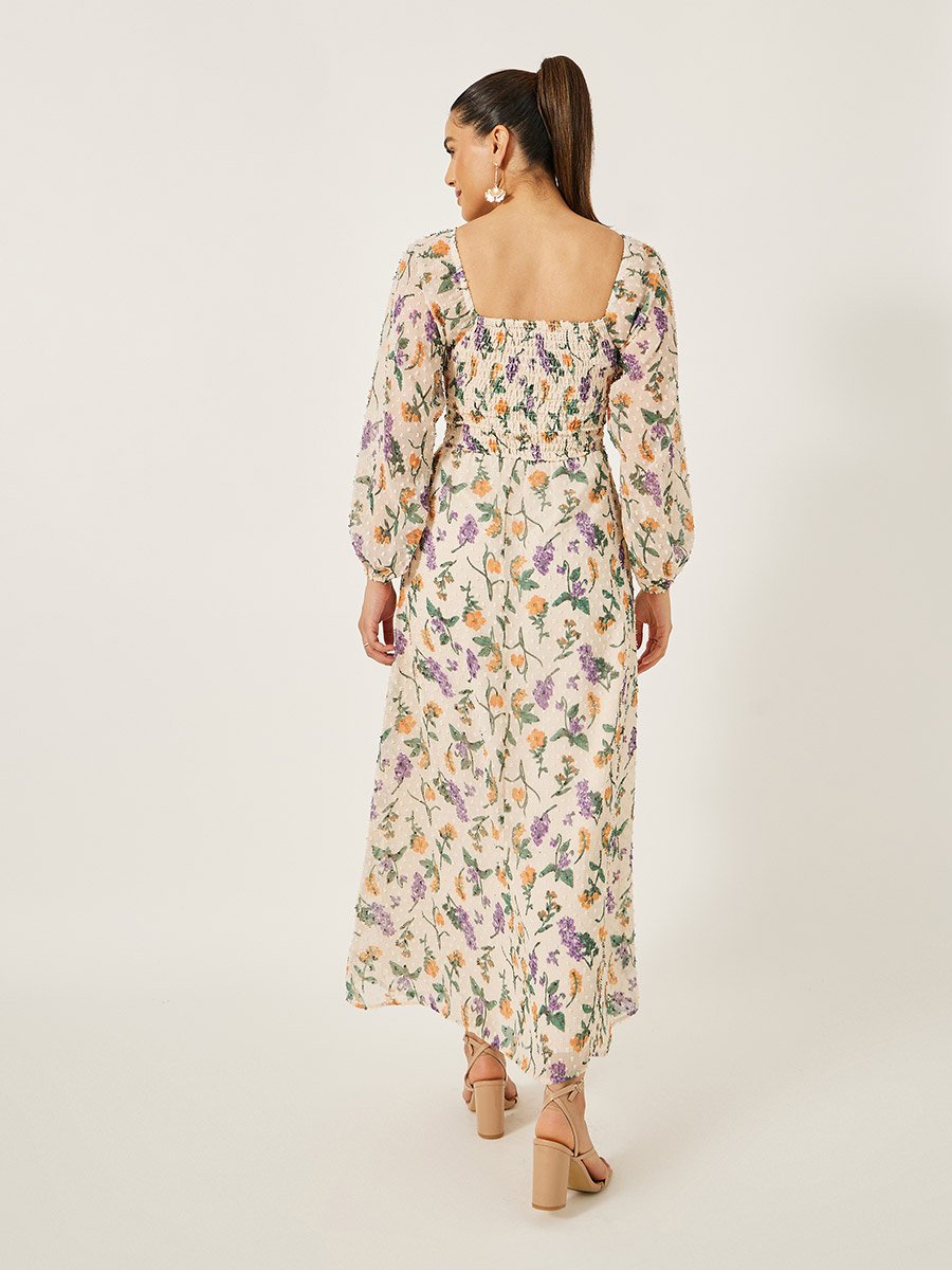 Floral Print Balloon Sleeves A-Line Maxi Dress