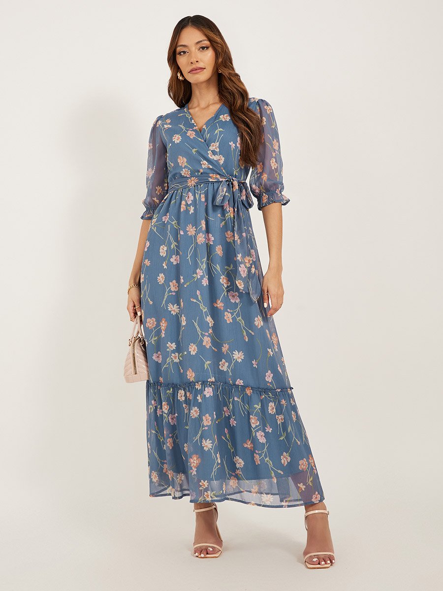 Floral Print Puff Sleeves A-Line Maxi Dress