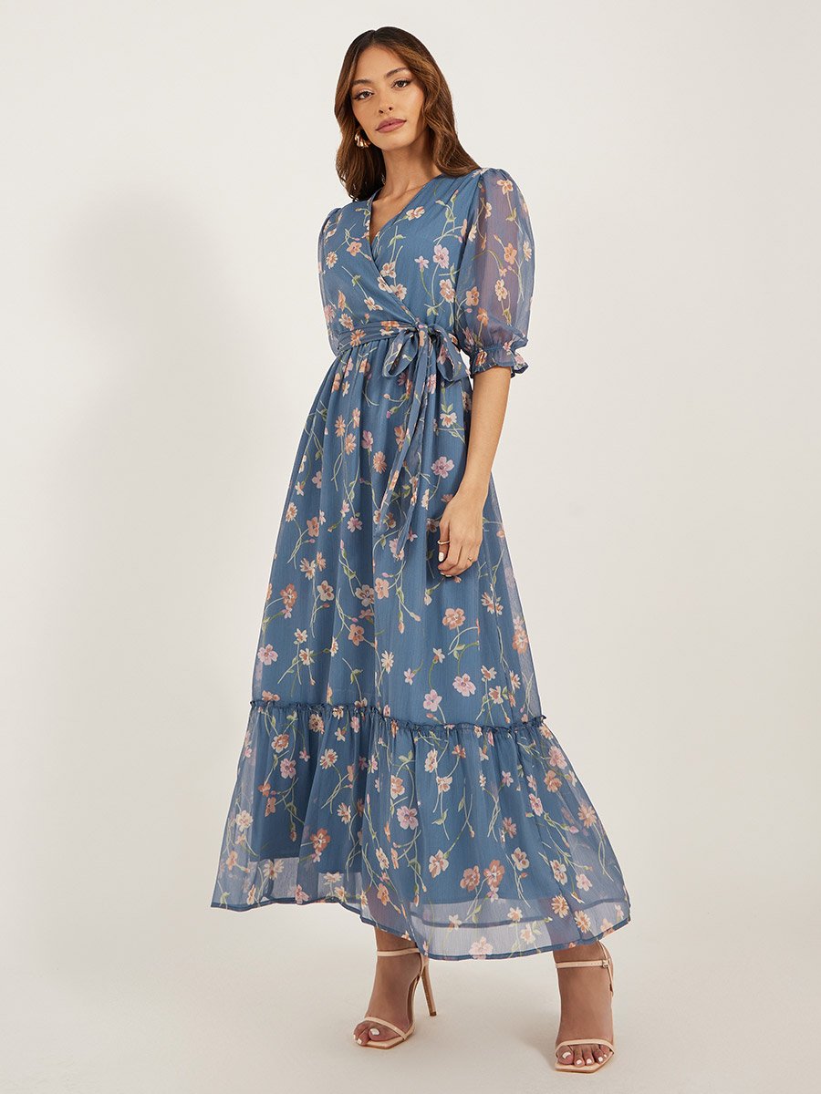 Floral Print Puff Sleeves A-Line Maxi Dress