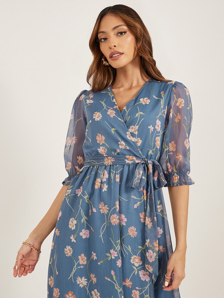 Floral Print Puff Sleeves A-Line Maxi Dress