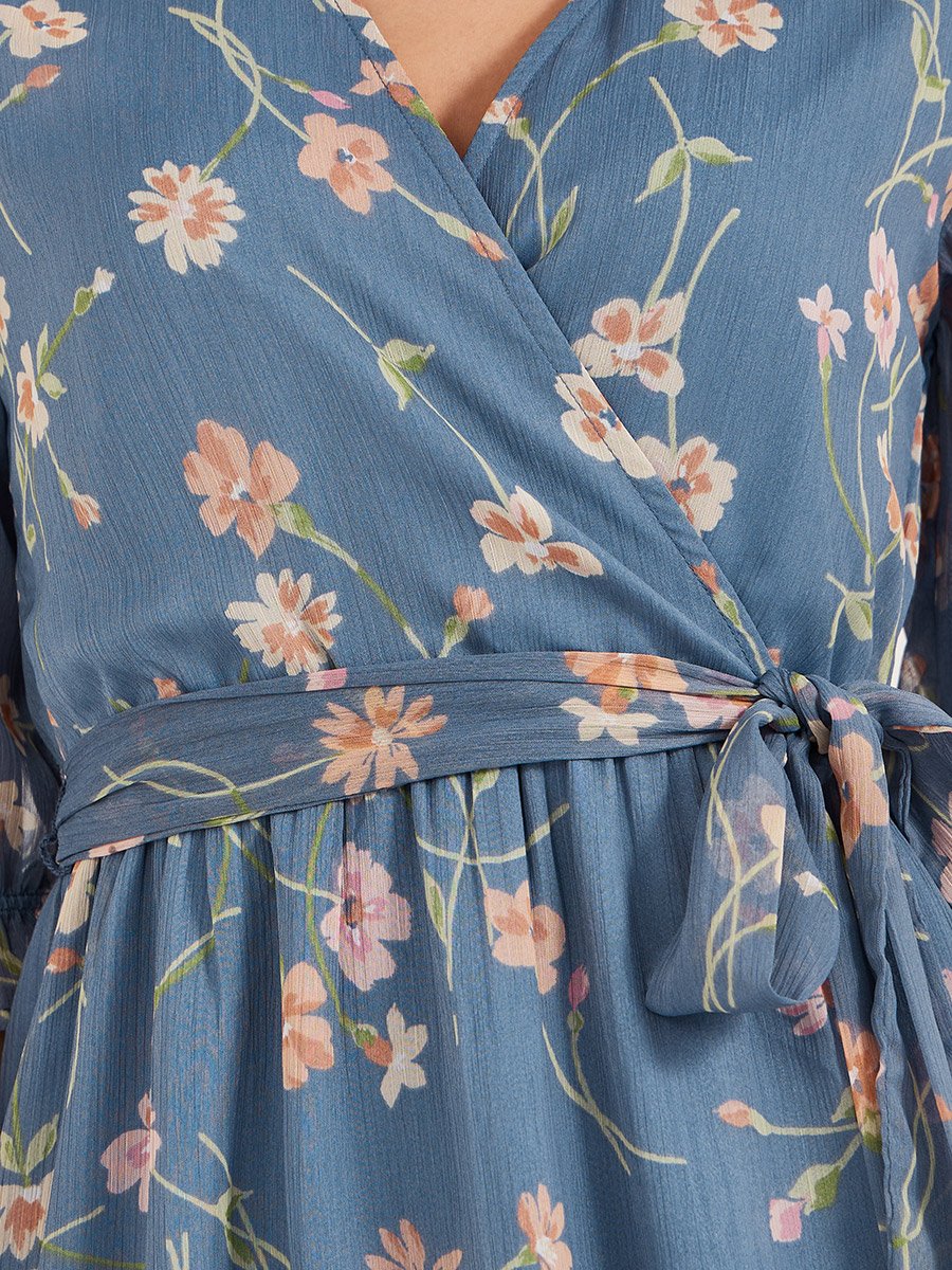 Floral Print Puff Sleeves A-Line Maxi Dress
