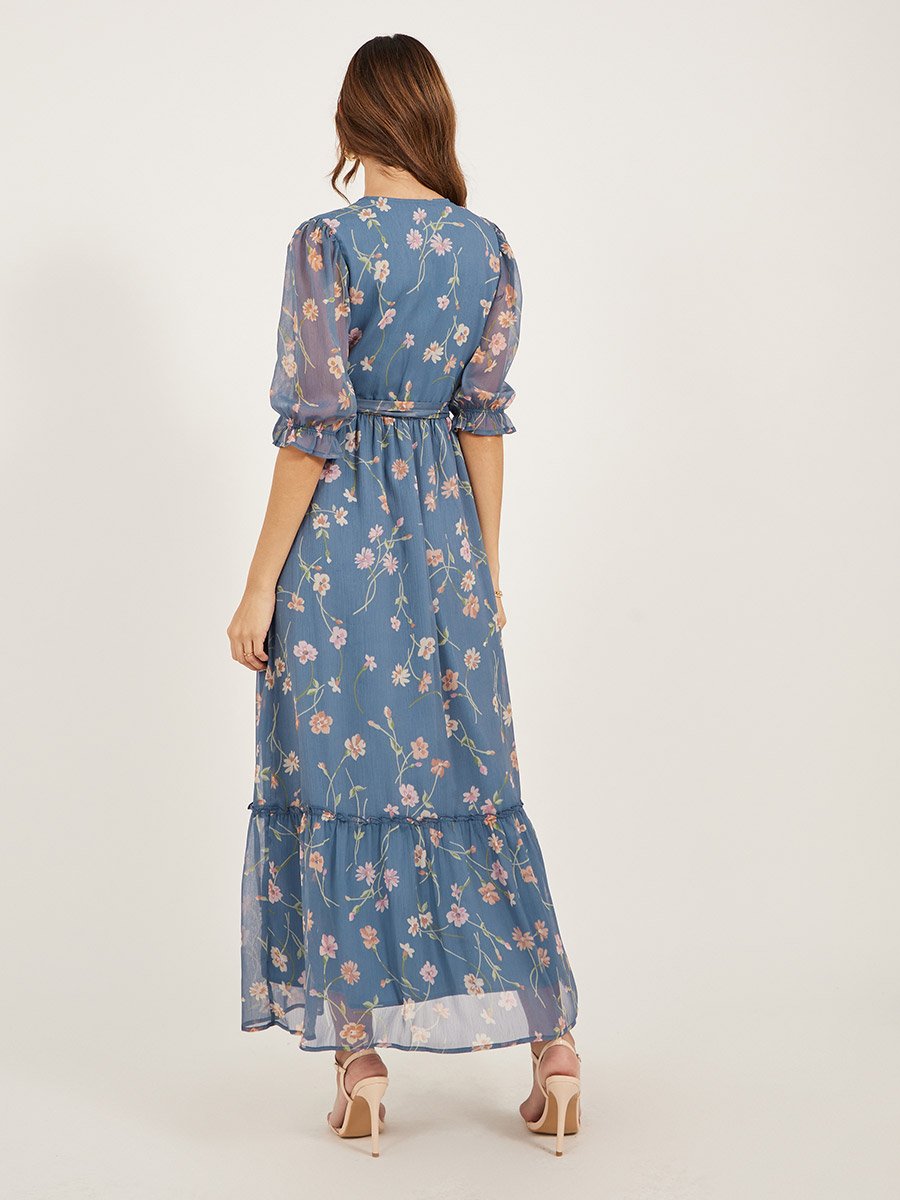 Floral Print Puff Sleeves A-Line Maxi Dress