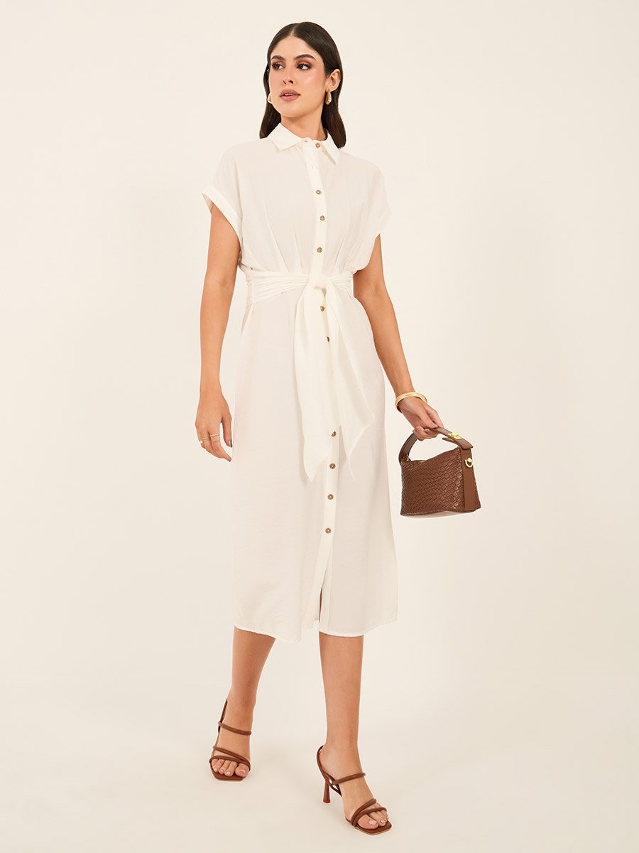 Solid Buttoned Tie Up Shirt Midi Dress