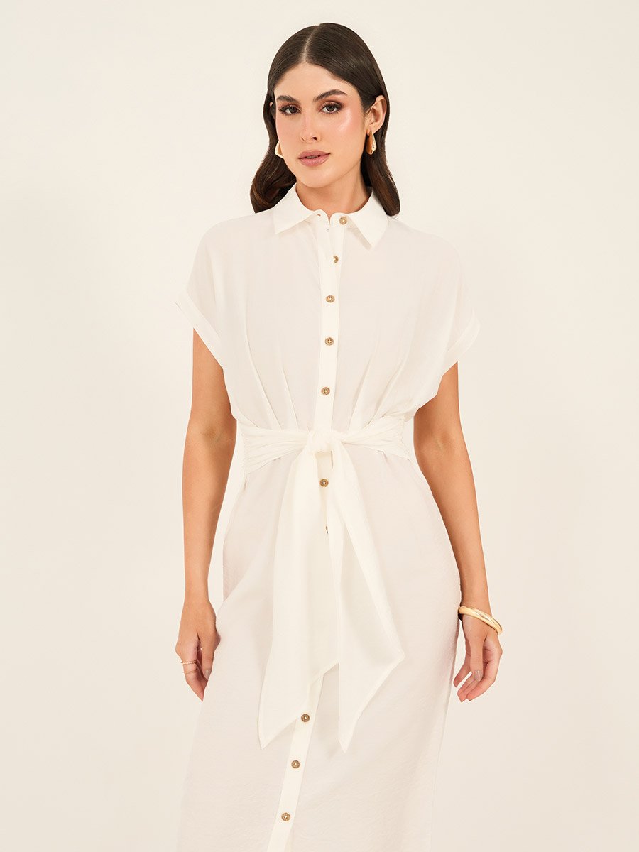 Solid Buttoned Tie Up Shirt Midi Dress