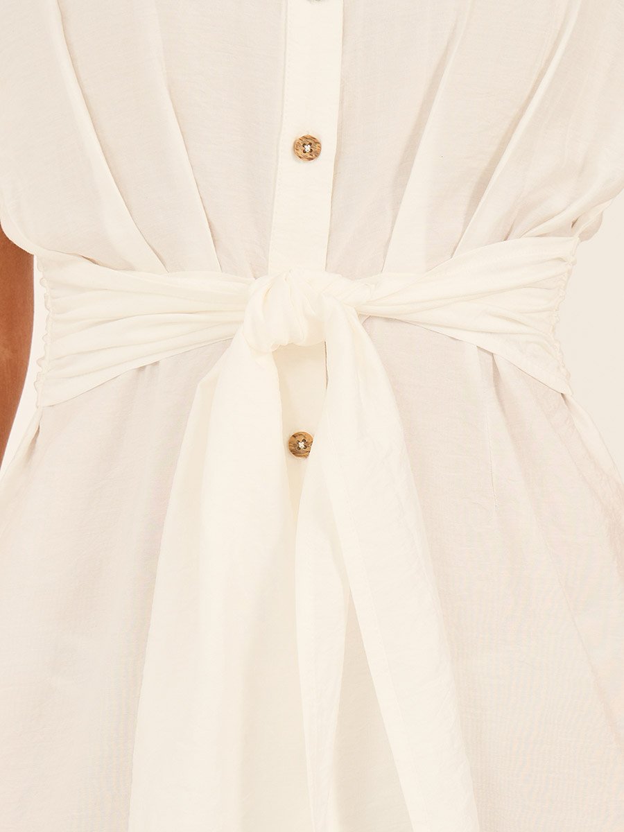 Solid Buttoned Tie Up Shirt Midi Dress
