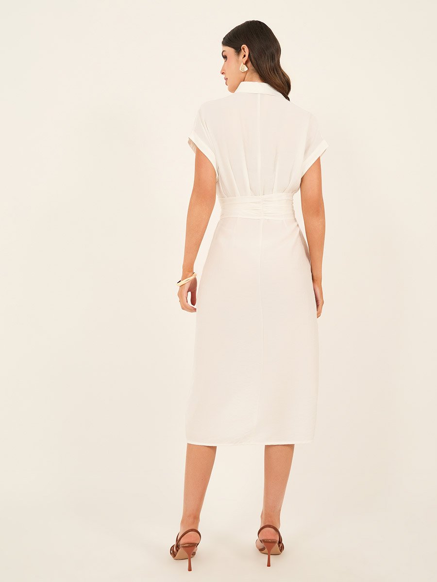 Solid Buttoned Tie Up Shirt Midi Dress