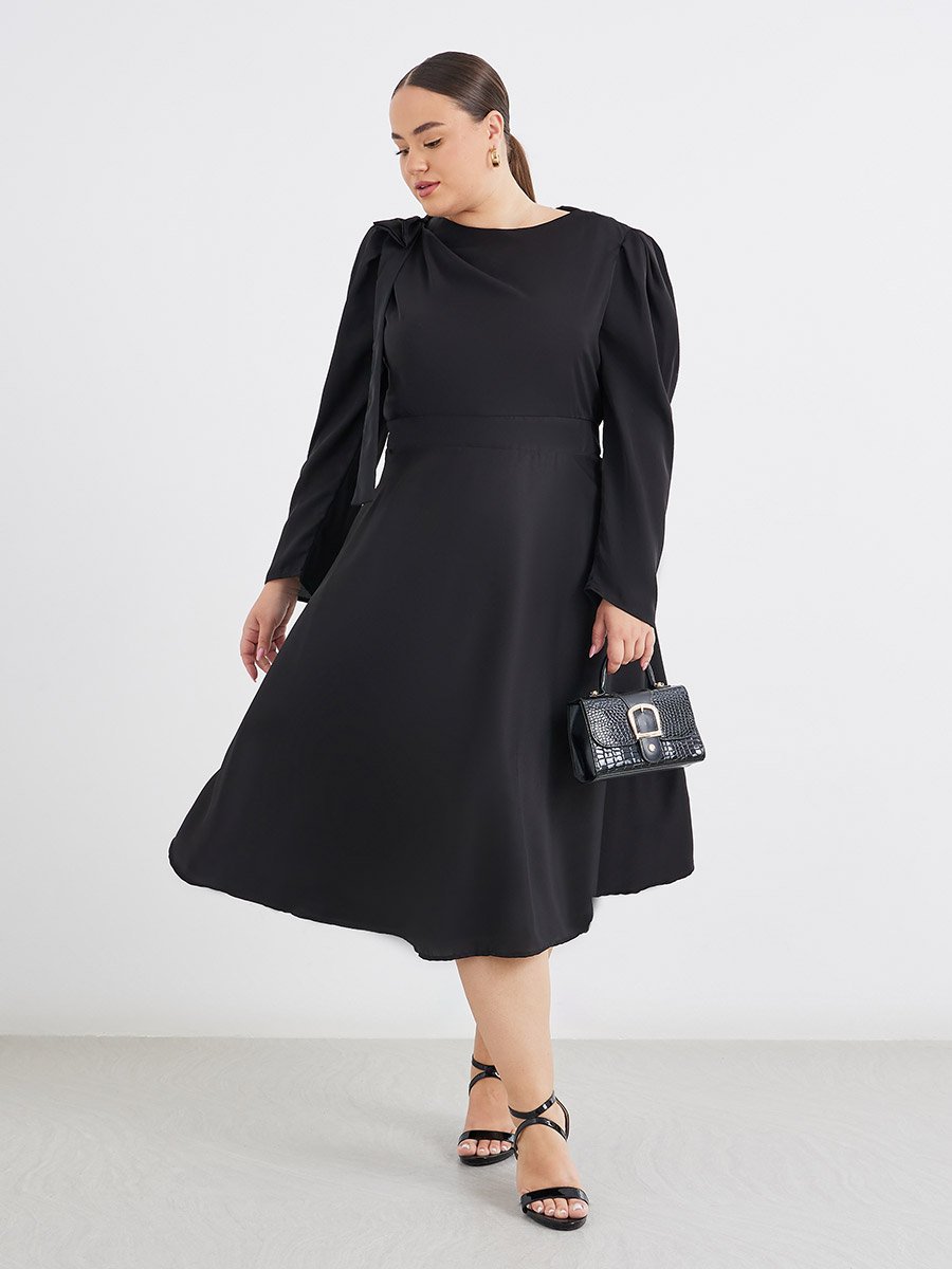 Plus Black Midi Dress with Shoulder Bow Detail