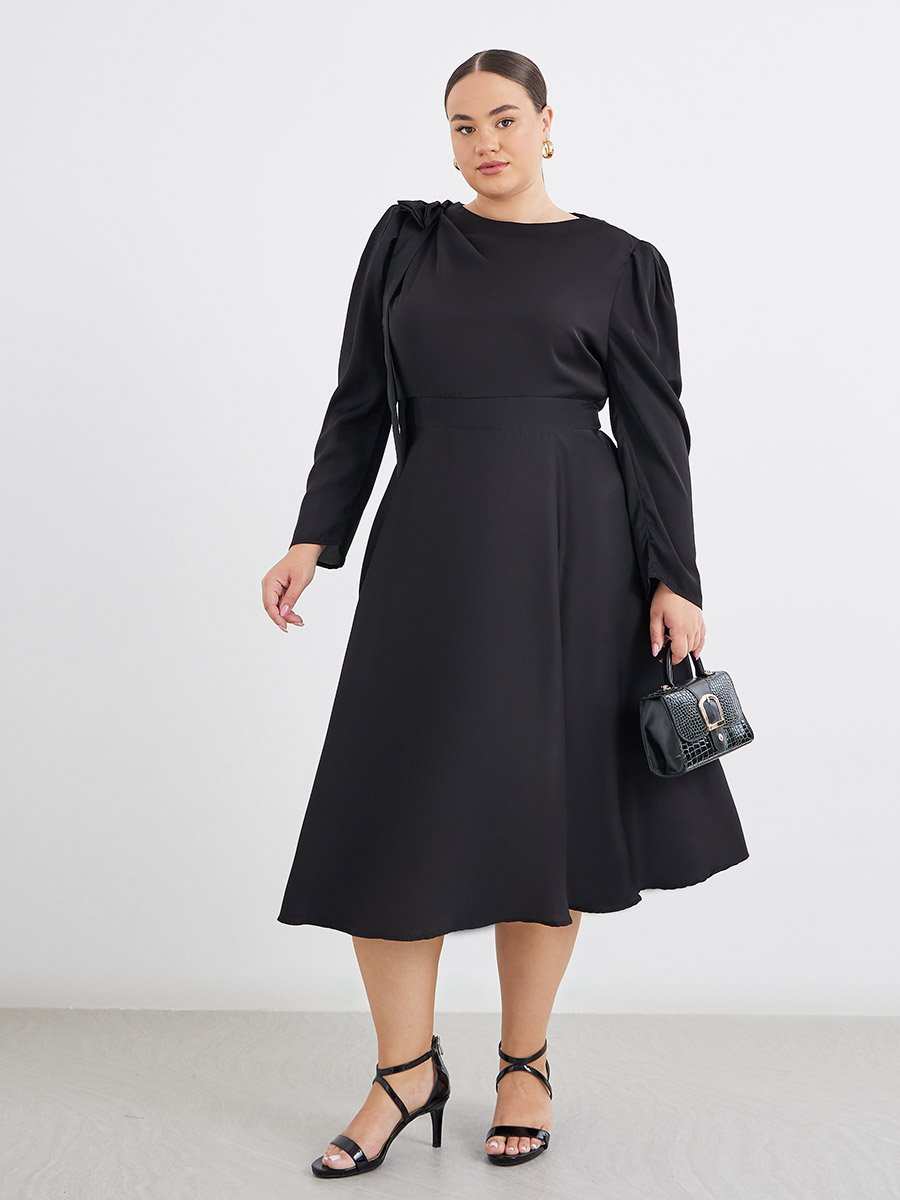 Plus Black Midi Dress with Shoulder Bow Detail