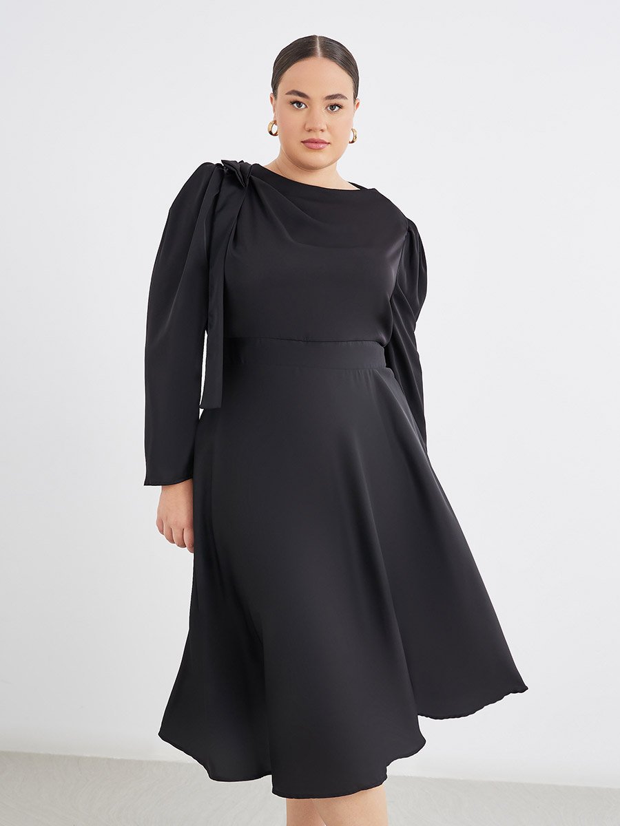 Plus Black Midi Dress with Shoulder Bow Detail